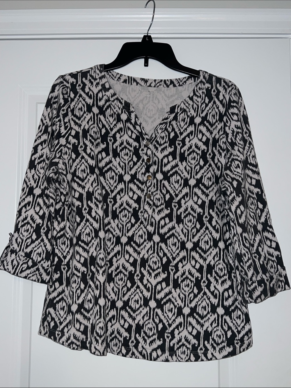 Studio Works Black & White Patterned Henley Blouse
